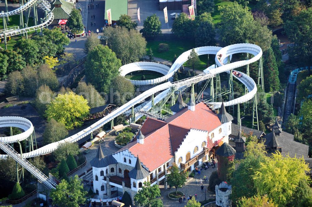 Aerial image Soltau - Der Heide-Park bei Soltau in Niedersachsen ist einer der größten deutschen Freizeitparks. Die schweizer Bobbahn ist die längste ihrer Art der Welt. The Heide-Park in Soltau, Lower Saxony, is one of the biggest fun parks in Germany. The Schweizer Bobbahn is the longest in the world.