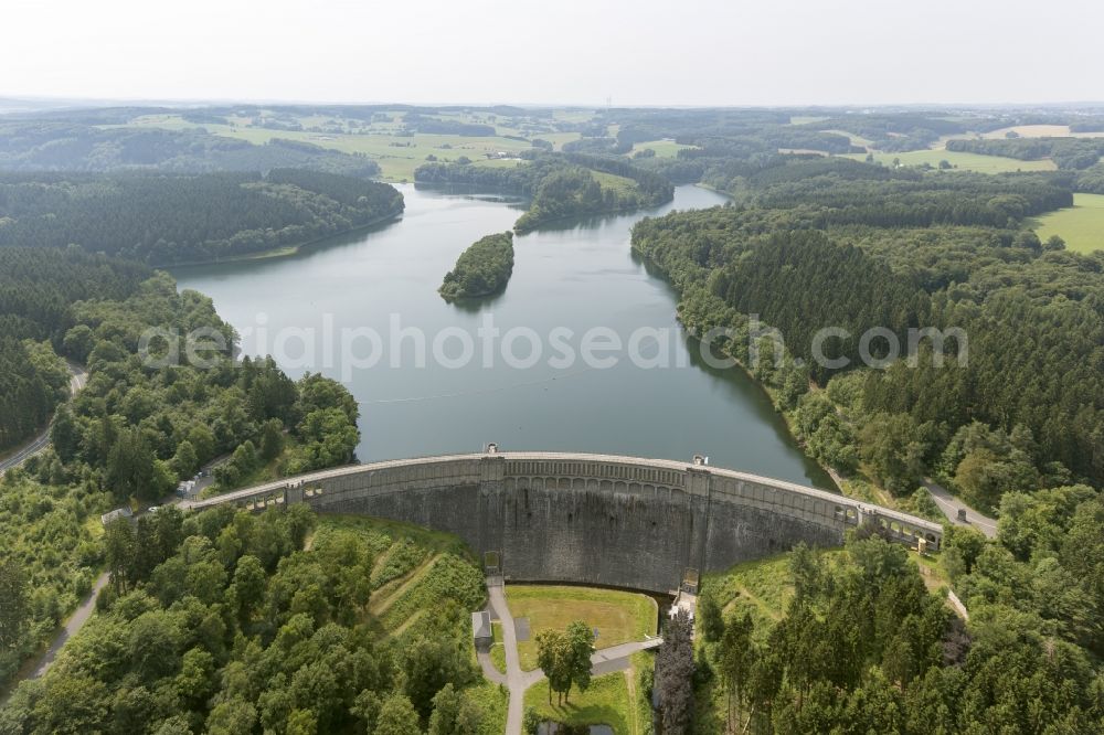 Ennepetal from above - Dam and reservoir on the hydroelectric plant at the dam Ennepetal in the state of North Rhine-Westphalia