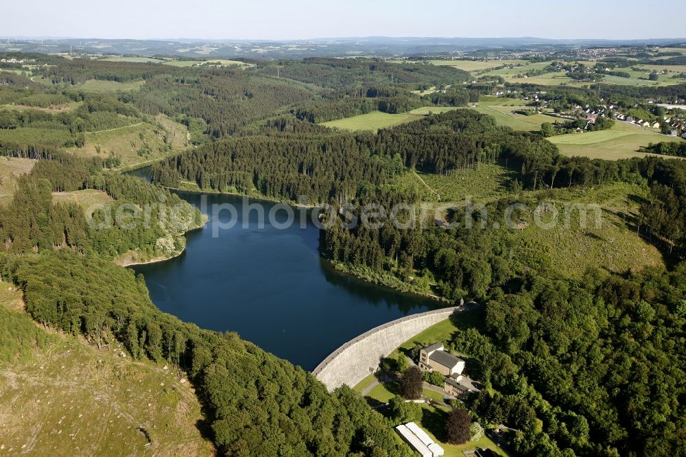 Ennepetal from above - Dam and reservoir on the hydroelectric plant at the dam Ennepetal in the state of North Rhine-Westphalia