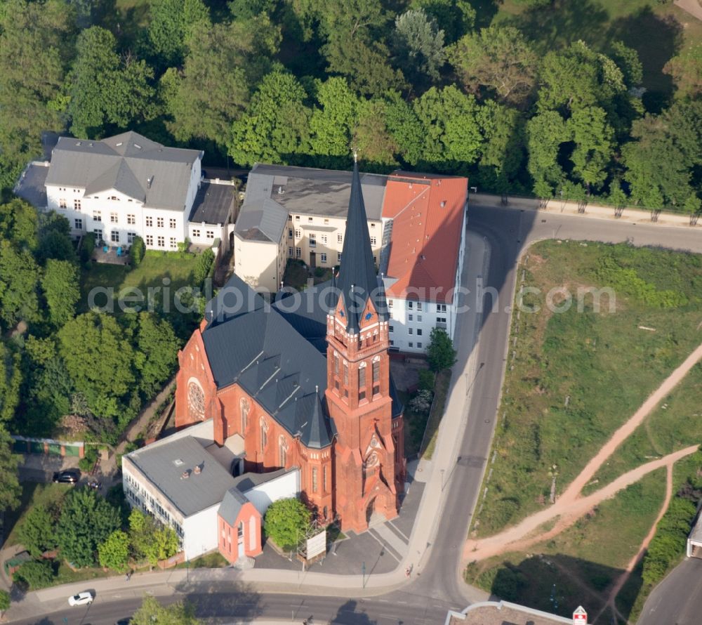 Frankfurt (Oder) from above - View of the Catholic Church of the Holy Cross and Queen of the Holy Rosary at the Franz Mehring Strasse. The blessing of the church was in 1899. It was the first public building in Frankfurt, which was fully equipped with electric light