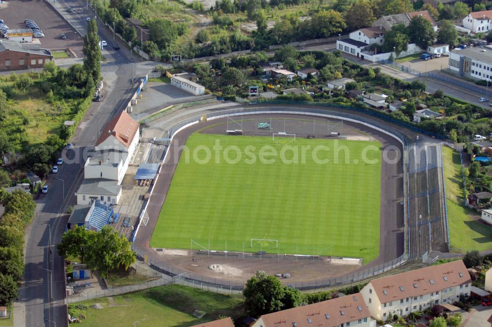 Aerial image Magdeburg - Blick auf das Heinrich-Germer-Stadion im Stadtteil Sudenburg. Das Stadion an der Salzmannstraße wurde 1920 erbaut und hat eine Kapazität von 4990 Plätzen. Nutzende Verein sind der Magdeburger FFC, der MSV 90 Preussen und das American Football-Team Magdeburg Virgin Guards. Kontakt: Salzmannstraße 34, 39112 Magdeburg, Tel. +49(0)391 6224123, Platzvergabe: Tel. +49(0)391 5403830