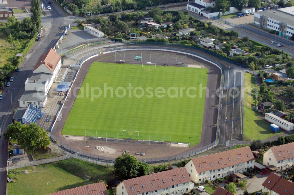 Aerial photograph Magdeburg - Blick auf das Heinrich-Germer-Stadion im Stadtteil Sudenburg. Das Stadion an der Salzmannstraße wurde 1920 erbaut und hat eine Kapazität von 4990 Plätzen. Nutzende Verein sind der Magdeburger FFC, der MSV 90 Preussen und das American Football-Team Magdeburg Virgin Guards. Kontakt: Salzmannstraße 34, 39112 Magdeburg, Tel. +49(0)391 6224123, Platzvergabe: Tel. +49(0)391 5403830