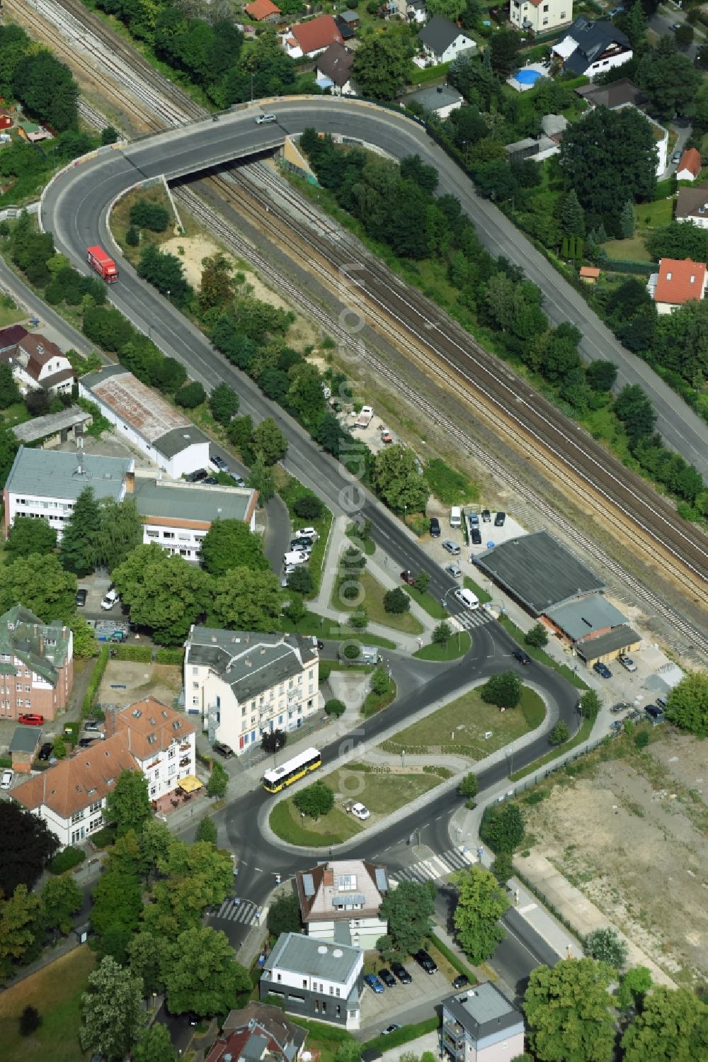 Berlin from above - Ensemble space Heinrich-Grueber-Platz on city train- station Kaulsdorf in Berlin