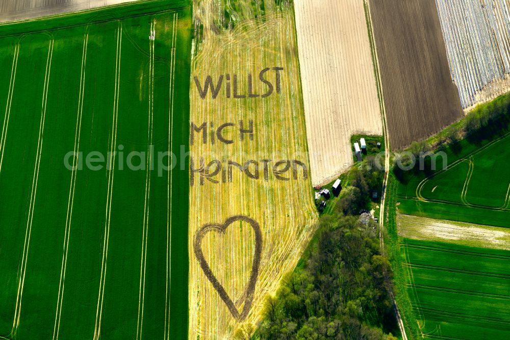 Wiesentheid from the bird's eye view: Marriage proposal as lettering Willst marry me with a heart in grain field structures in Wiesentheid in the state Bavaria, Germany