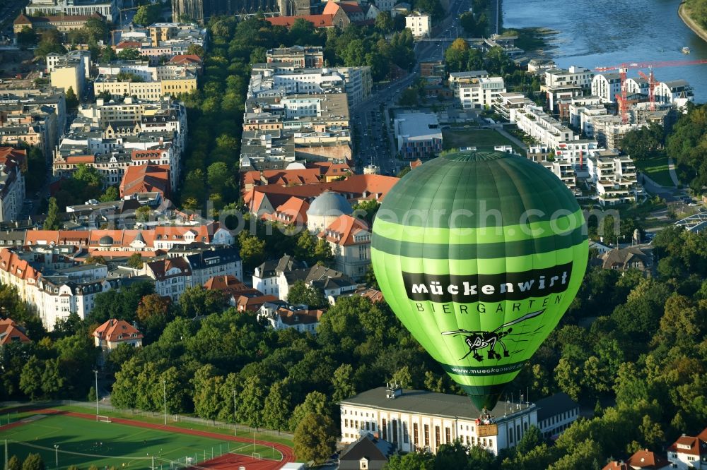 Magdeburg from above - Hot air balloon with of Kennung D-OEKY Mueckenwirt flying in the airspace in Magdeburg in the state Saxony-Anhalt, Germany