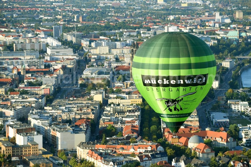 Magdeburg from above - Hot air balloon with of Kennung D-OEKY Mueckenwirt flying in the airspace in Magdeburg in the state Saxony-Anhalt, Germany