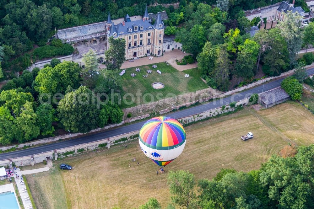 Aerial photograph Nazelles-Négron - Hot air balloon start on Chateau de Perreux flying over the airspace in Nazelles-Negron in Centre-Val de Loire, France