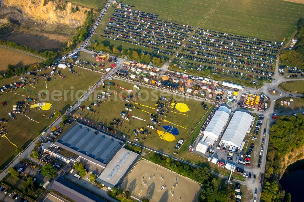 Aerial image Warstein - Hot air balloon Warsteiner Montgolfiade flying over the airspace in Warstein in the state North Rhine-Westphalia, Germany