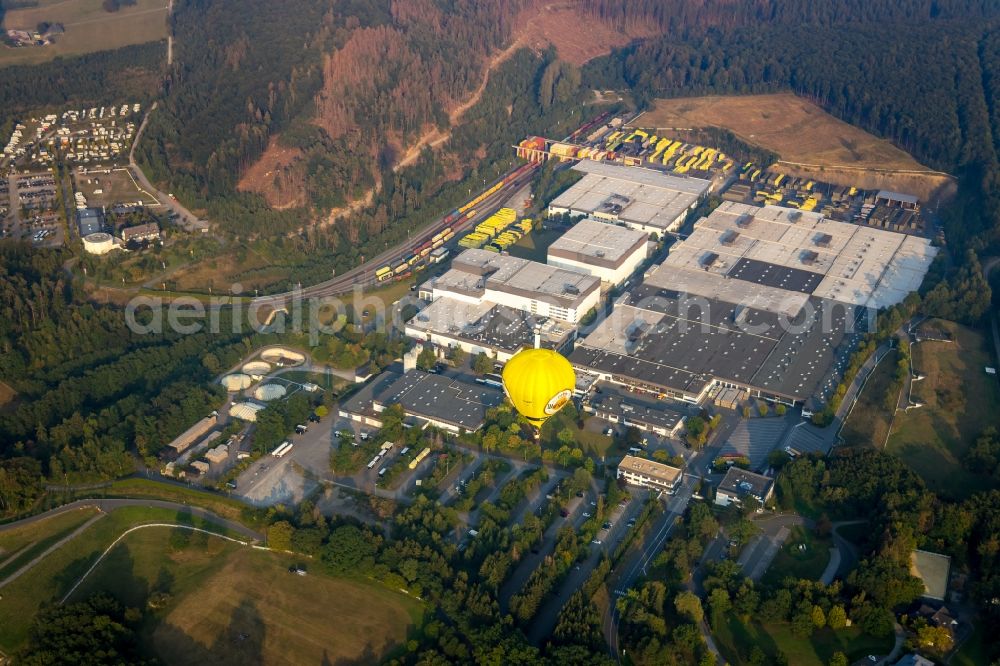 Warstein from above - Hot air balloon Warsteiner Montgolfiade flying over the airspace in Warstein in the state North Rhine-Westphalia, Germany