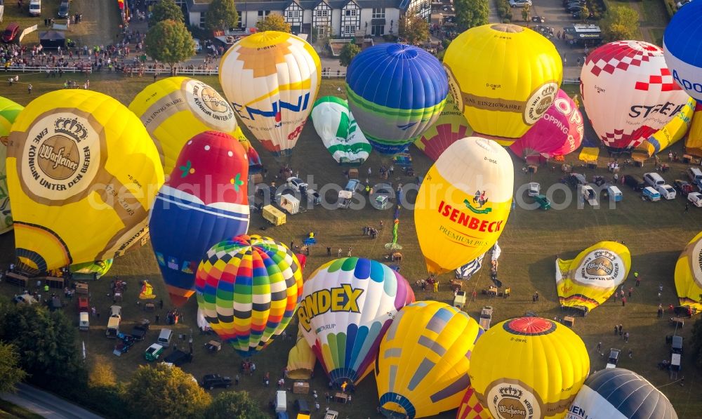 Aerial image Warstein - Hot air balloon Warsteiner Montgolfiade flying over the airspace in Warstein in the state North Rhine-Westphalia, Germany