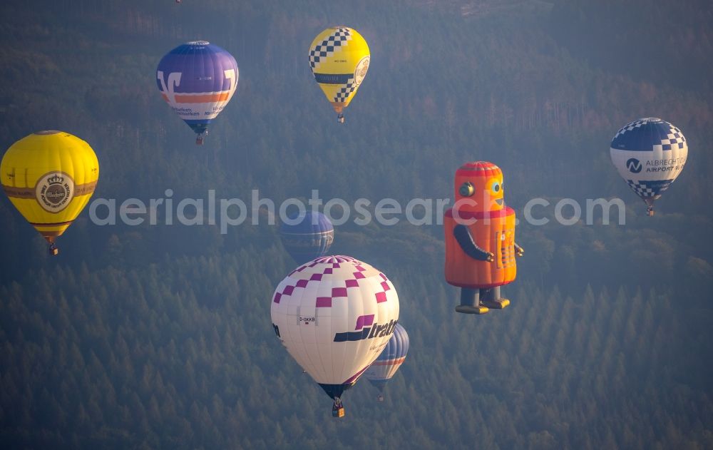 Warstein from above - Hot air balloon Warsteiner Montgolfiade flying over the airspace in Warstein in the state North Rhine-Westphalia, Germany