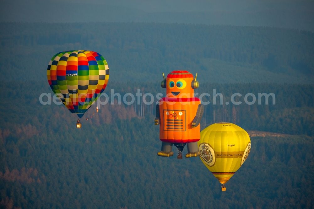 Warstein from above - Hot air balloon Warsteiner Montgolfiade flying over the airspace in Warstein in the state North Rhine-Westphalia, Germany