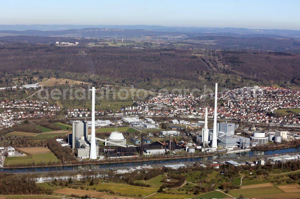 Aerial image Altbach - The combined heat and power station Altbach - Deizisau, in the state Baden-Wuerttemberg, is loacated at the bank of the river Neckar. Operator of the hard coal-fired power station is the EnBW Kraftwerke AG