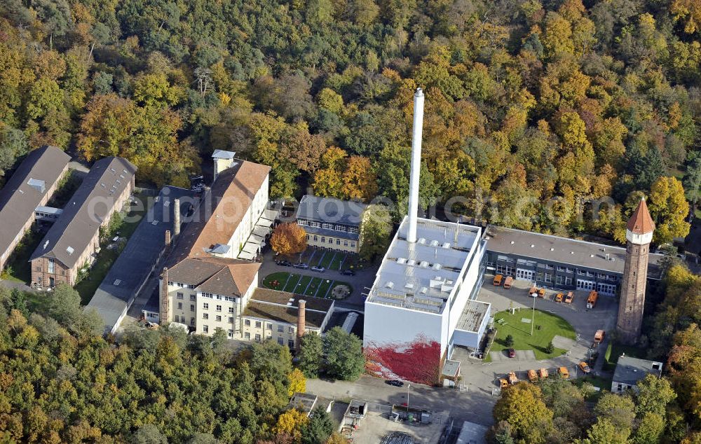 Aerial photograph Karlsruhe - Das Heizwerk Ahaweg im Hardtwald. Es steht am Ort des ehemaligen Großherzoglichen Wasserwerks. The heating plant Ahaweg in the Hardtwald.