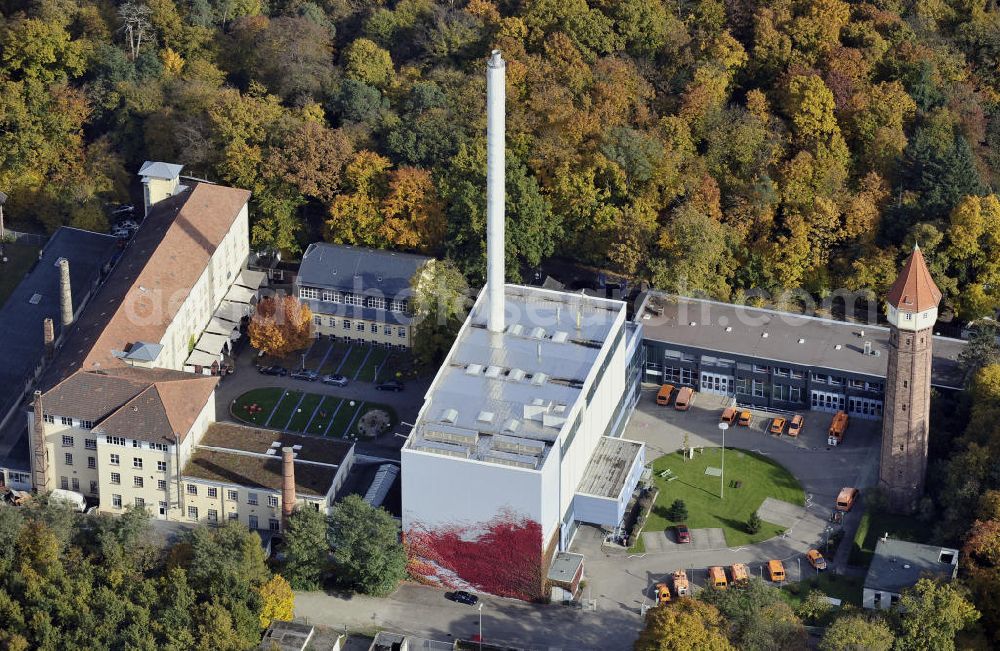 Karlsruhe from above - Das Heizwerk Ahaweg im Hardtwald. Es steht am Ort des ehemaligen Großherzoglichen Wasserwerks. The heating plant Ahaweg in the Hardtwald.