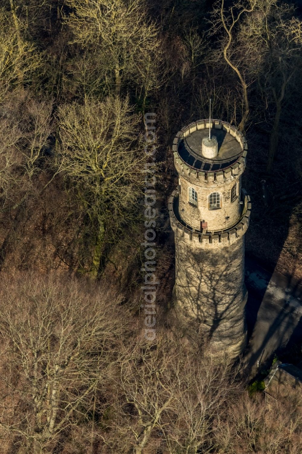 Aerial photograph Witten - The observation tower, also alled Helen tower, on the moontain Helen in Witten in North Rhine-Westphalia