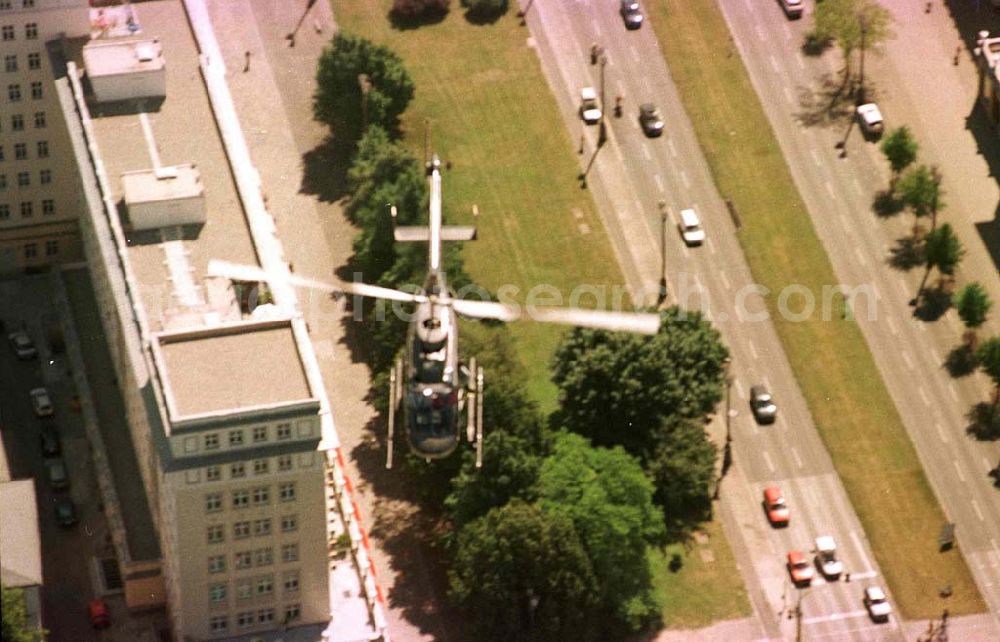 Aerial photograph Berlin - Friedrichshain - Helikopter über der Karl-Marx-Allee.