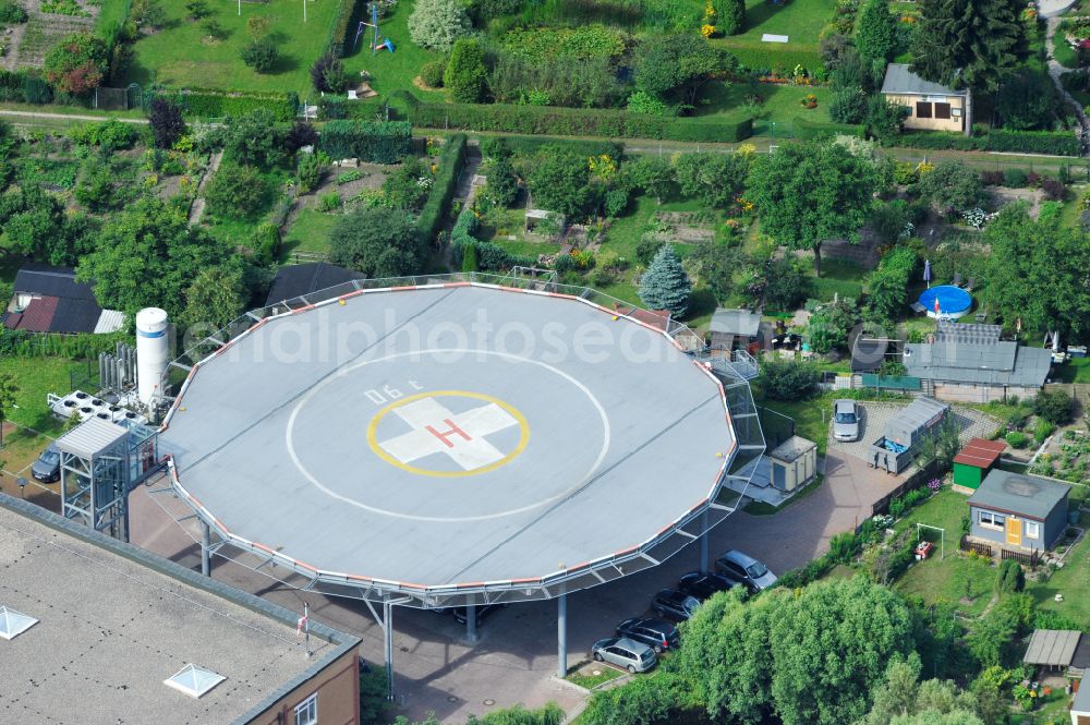 Bernau from the bird's eye view: Helicopter landing pad - airfield for helicopters of the Brandenburg Heart Center on Ladeburger Strasse in Bernau in the state of Brandenburg, Germany