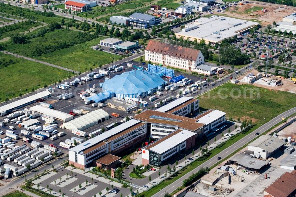 Aerial image Landau in der Pfalz - Circus tent domes of the circus Krone on Alfred Nobel Platz in Landau in der Pfalz in the state Rhineland-Palatinate, Germany