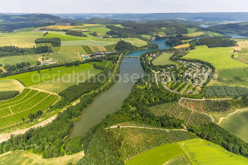 Mielinghausen from above - Lake Hennesee at the Hennedam near Enkhausen in the Sauerland region in North Rhine-Westphalia