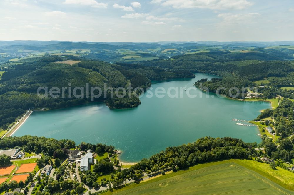 Aerial image Mielinghausen - Lake Hennesee at the Hennedam near Enkhausen in the Sauerland region in North Rhine-Westphalia