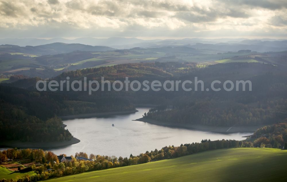 Meschede from above - Lake Hennesee at the Hennedam near Meschede in the Sauerland region in North Rhine-Westphalia