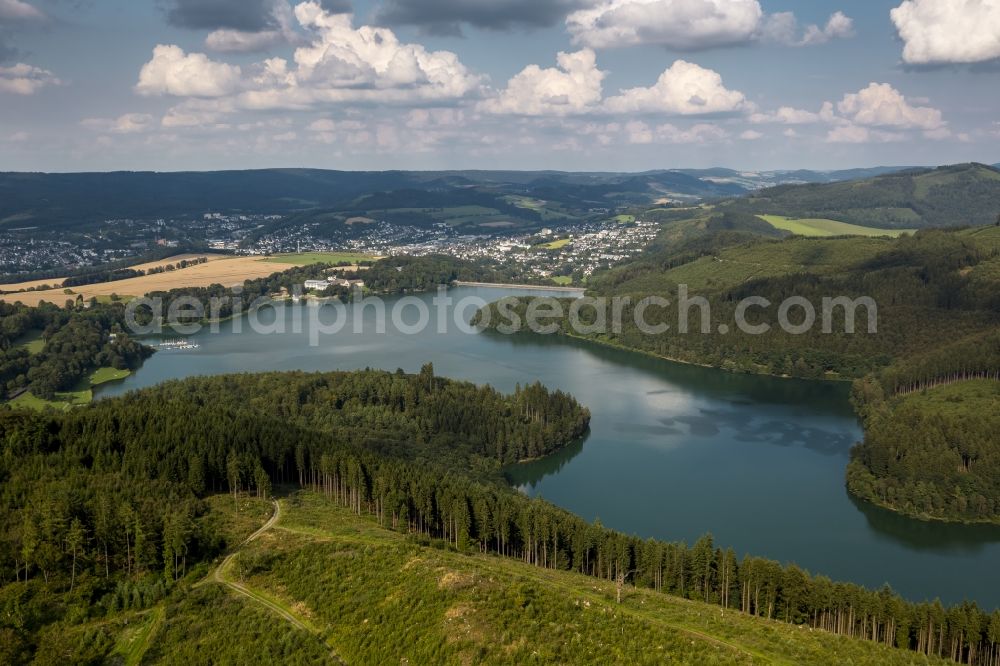 Meschede from above - Lake Hennesee at the Hennedam near Meschede in the Sauerland region in North Rhine-Westphalia