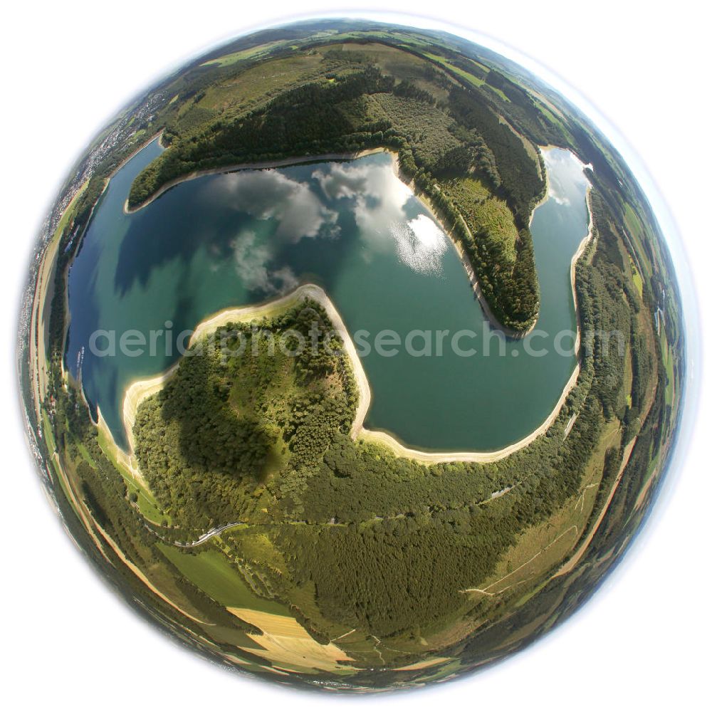 Meschede from above - Fish eye look at the Henne lake in Meschede. The new lake was constructed after the old levee was bared by water