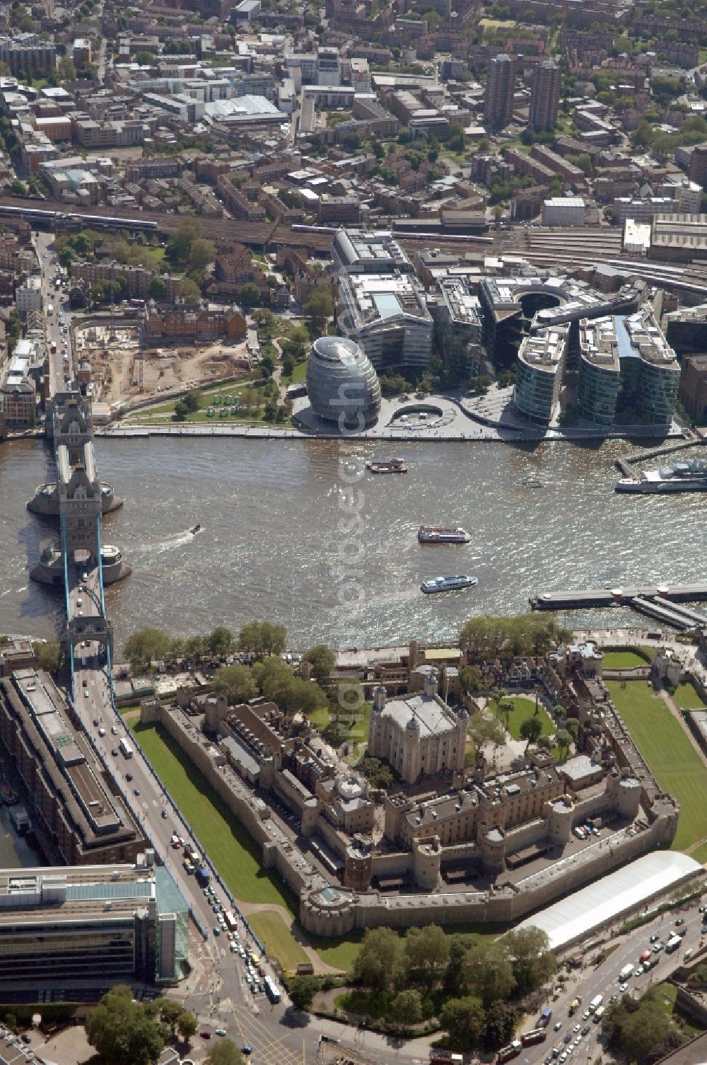 London from above - View of the Tower of London, UNESCO World Heritage Site. The medieval fortress served as a castle, an armory, a royal palace and a prison. Today in the Tower, the British Crown Jewels are kept and an extensive historical collection of weapons is shown