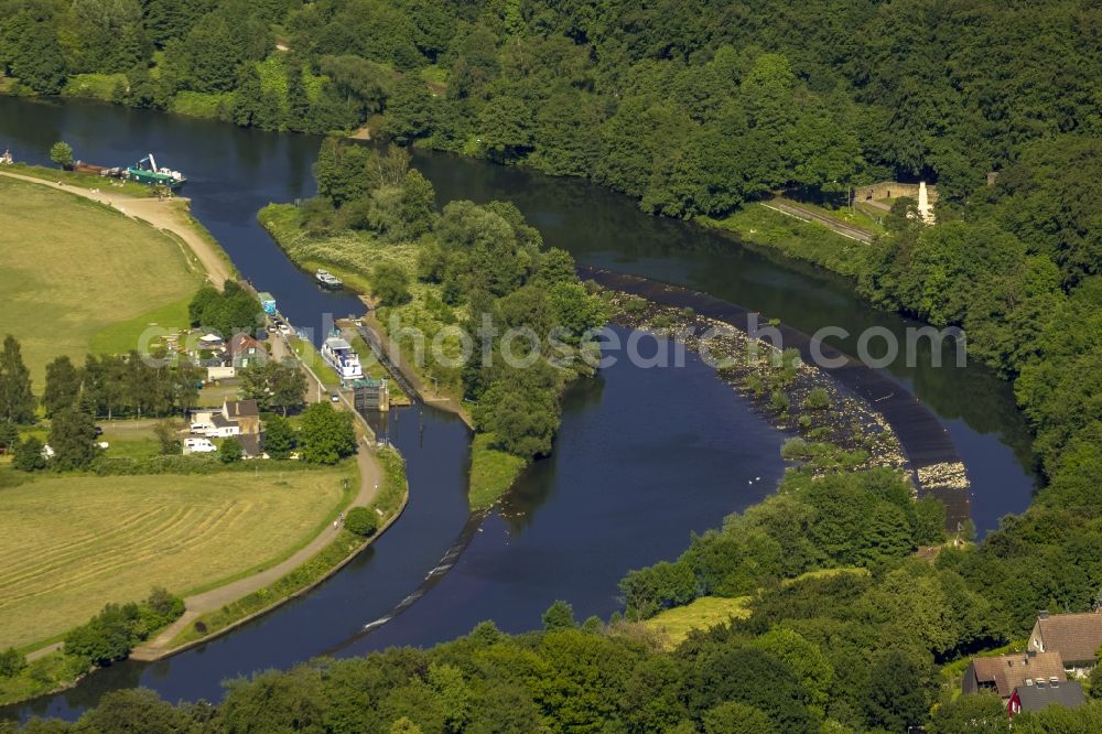 Aerial image Witten - View on the ship canal lift Herbeder Schleuse at the river Ruhr. The ship lock is located in the urban region of the city Witten in the state North Rhine-Westphalia. Situated on the opposite riverbank are the ruins of the Hardenstein Castle