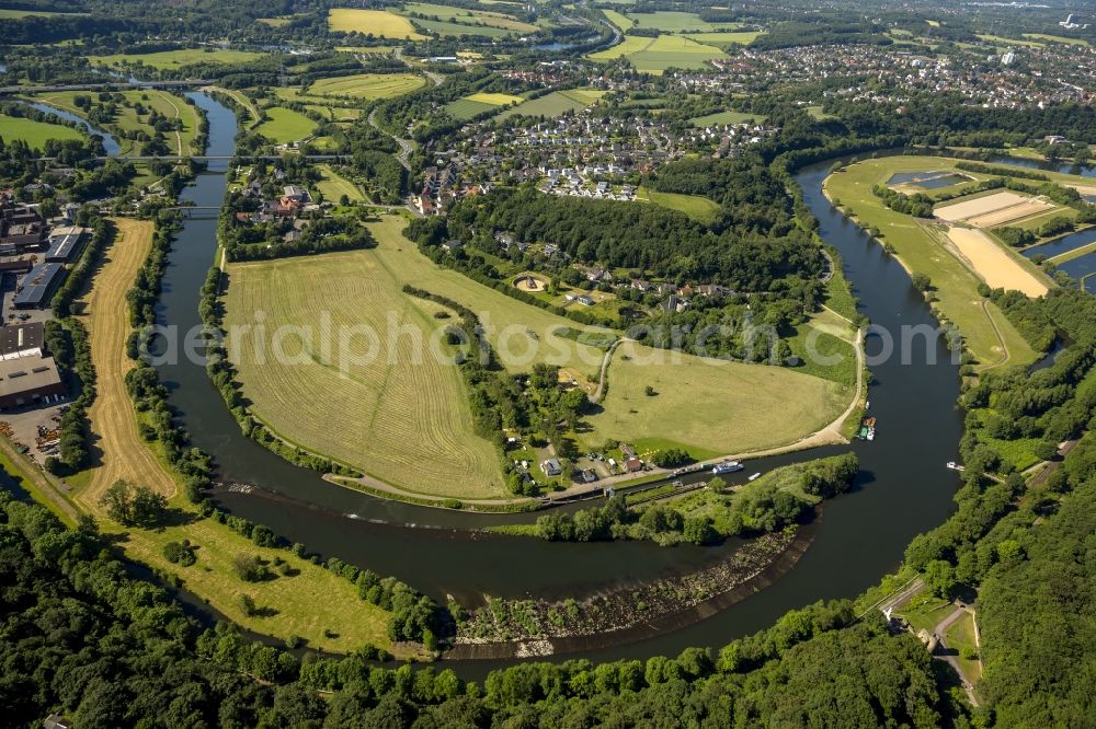 Aerial photograph Witten - View on the ship canal lift Herbeder Schleuse at the river Ruhr. The ship lock is located in the urban region of the city Witten in the state North Rhine-Westphalia. Situated on the opposite riverbank are the ruins of the Hardenstein Castle