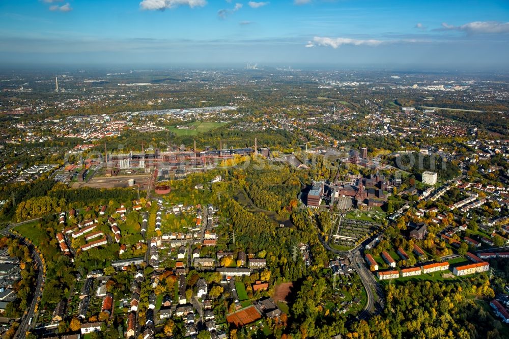 Aerial image Essen - The coke oven plant Zollverein in Essen in the industrial area of Ruhrgebiet in the state of North Rhine-Westphalia. The site was considered as the most modern in Europe and is UNESCO world heritage site today. Due to the steel crisis, the compound was closed and is a protected building today