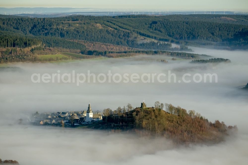 Aerial image Meschede OT Bergstadt Eversberg - Autumn - Weather landscape over the space enclosed by clouds and haze district Eversberg in Meschede in the state of North Rhine-Westphalia