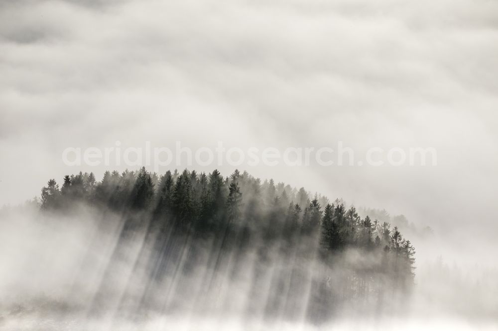 Aerial image Meschede - Autumn - Weather landscape over the space enclosed by clouds and haze valleys and wooded areas near Meschede in the state of North Rhine-Westphalia