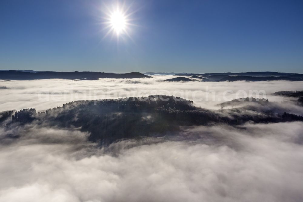 Aerial image Meschede - Autumn - Weather landscape over the space enclosed by clouds and haze valleys and wooded areas near Meschede in the state of North Rhine-Westphalia