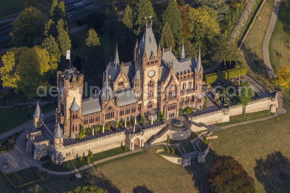 Königswinter from the bird's eye view: Autumn view of Castle Dragon Castle upon Rhine in Königswinter in the federal state North Rhine-Westphalia. The opened to the public restored and renovated castle is monument protected and operated by the Schloss Drachenburg gGmbH.