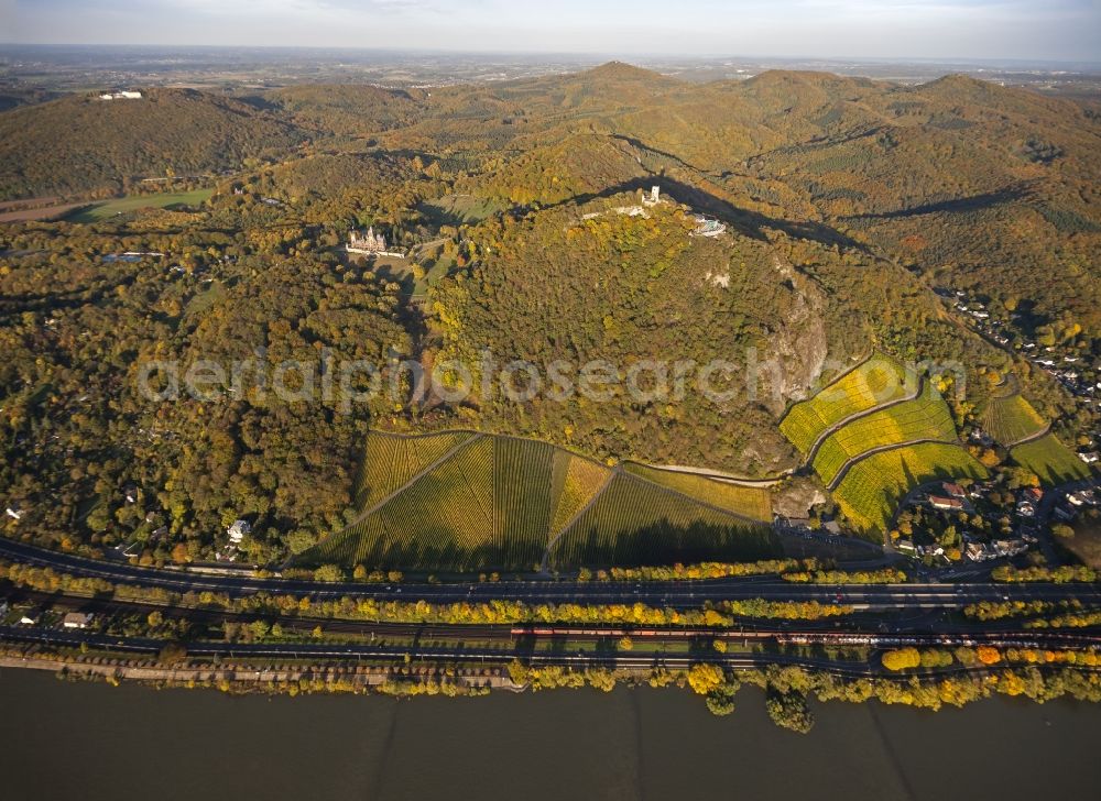 Königswinter from above - Autumn view of Castle Dragon Castle upon Rhine in Königswinter in the federal state North Rhine-Westphalia. The opened to the public restored and renovated castle is monument protected and operated by the Schloss Drachenburg gGmbH.