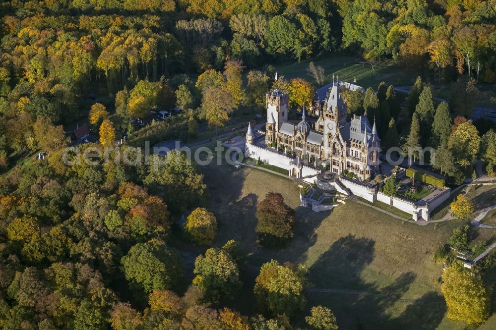 Königswinter from the bird's eye view: Autumn view of Castle Dragon Castle upon Rhine in Königswinter in the federal state North Rhine-Westphalia. The opened to the public restored and renovated castle is monument protected and operated by the Schloss Drachenburg gGmbH.