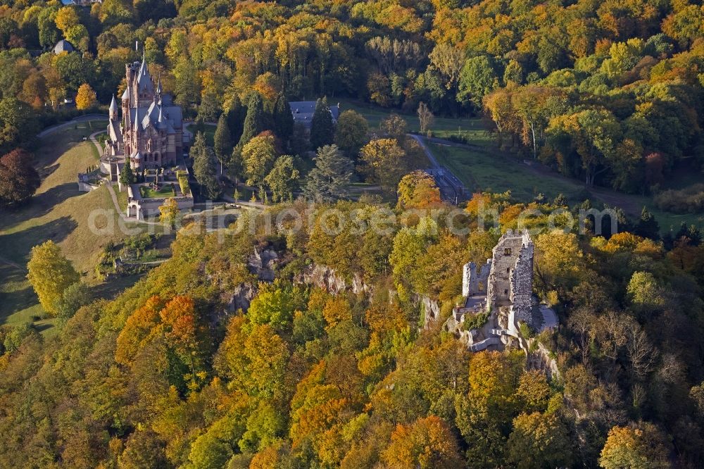 Königswinter from above - Autumn view of Castle Dragon Castle upon Rhine in Königswinter in the federal state North Rhine-Westphalia. The opened to the public restored and renovated castle is monument protected and operated by the Schloss Drachenburg gGmbH.