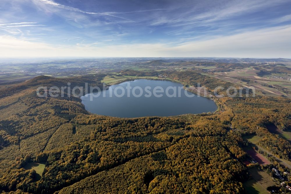 Aerial photograph NICKENICH - Autmn impression of the Laacher See near Nickenich in the federal state Rhineland-Palatinate. The maar is the largest lake in Rhineland-Palatinate. In the true sense the Laacher See is no Maar respectively crater lake, but rather a water-filled crashed Vulkancaldera.