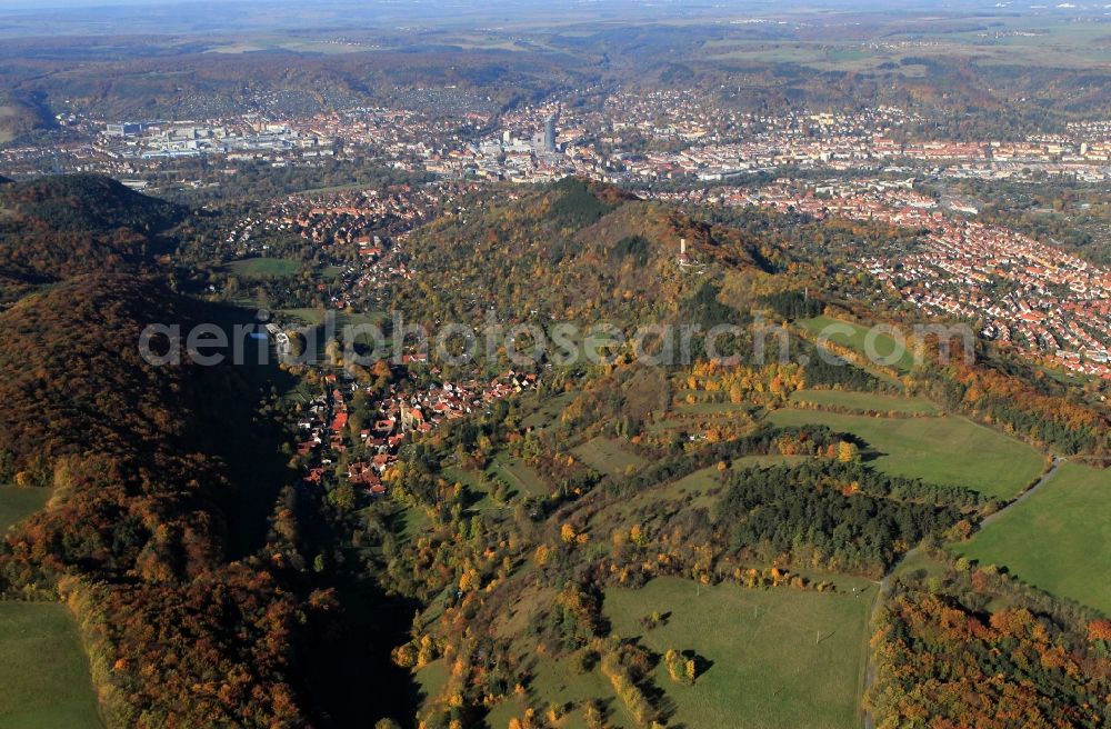 Jena from the bird's eye view: View of the autumn-colored hills on the core city of Jena in Thuringia