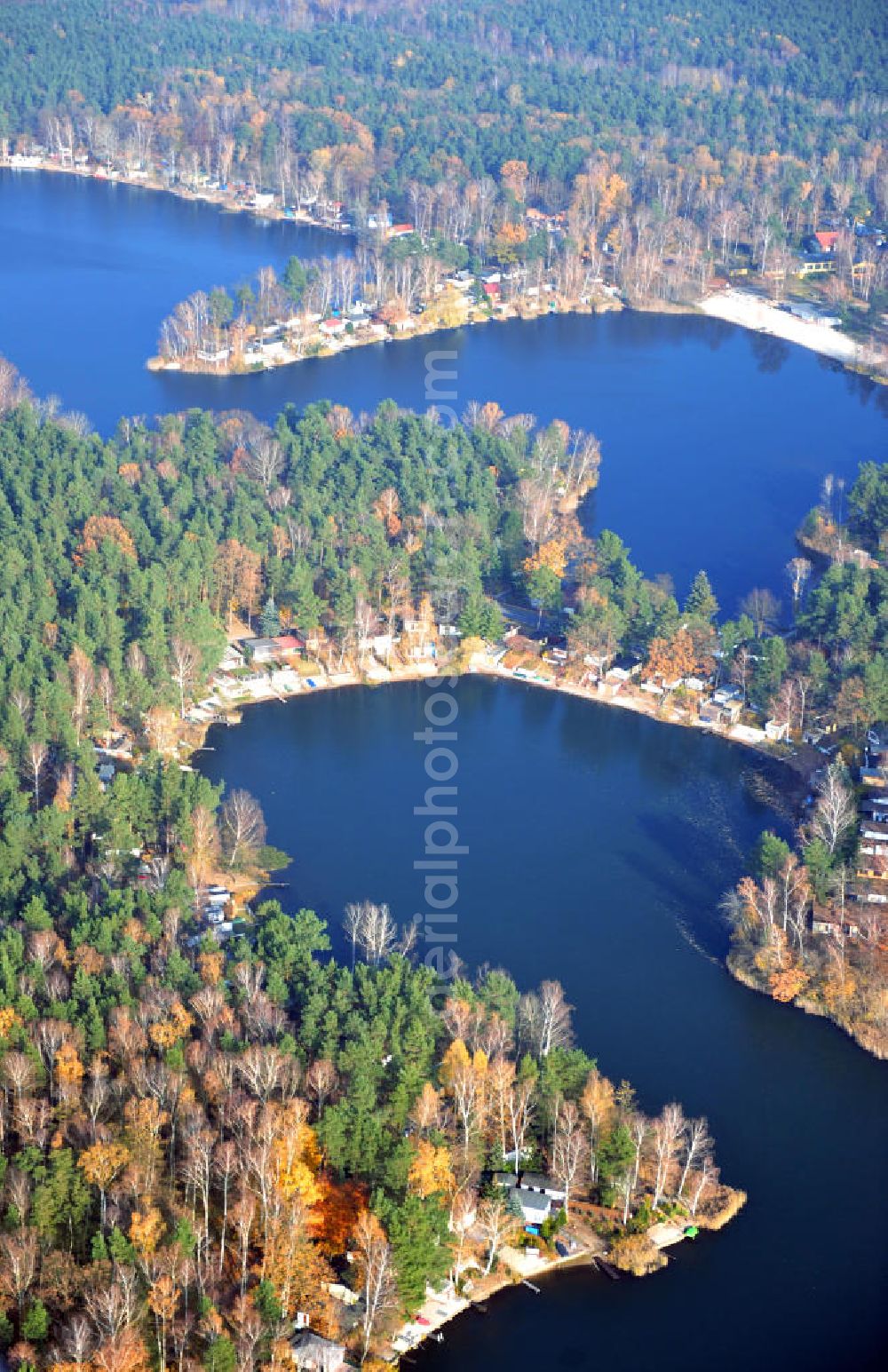 Schönborn OT Lindena from above - Herbstlandschaft mit See / Hauptsee im Naturpark Niederlausitzer Heidelandschaft bei Lindena. Autumn landscape with forest lake close by Lindena.