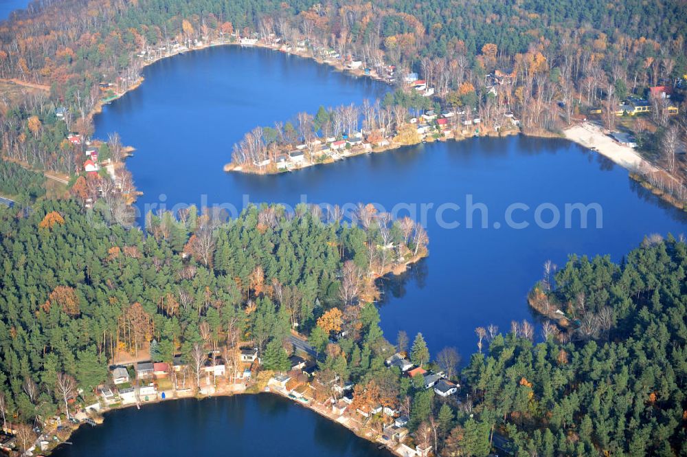 Aerial photograph Schönborn OT Lindena - Herbstlandschaft mit See / Hauptsee im Naturpark Niederlausitzer Heidelandschaft bei Lindena. Autumn landscape with forest lake close by Lindena.