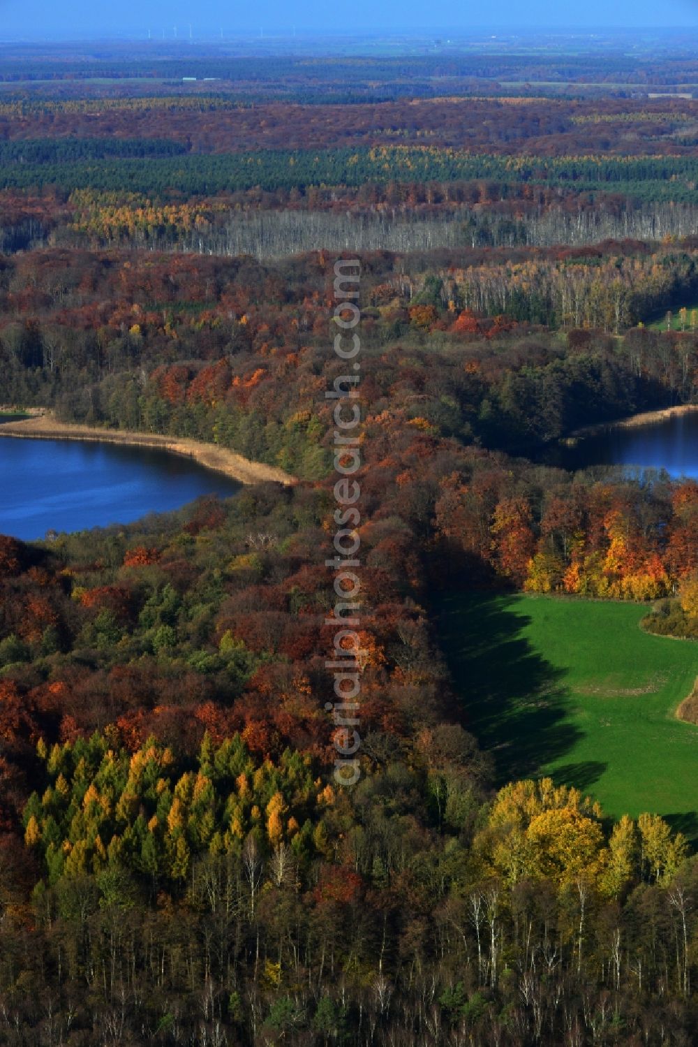 Aerial photograph Friedrichswalde - Autumn landscape on the banks of the Great and Little Praessnicksee at Friedrichswalde in Brandenburg