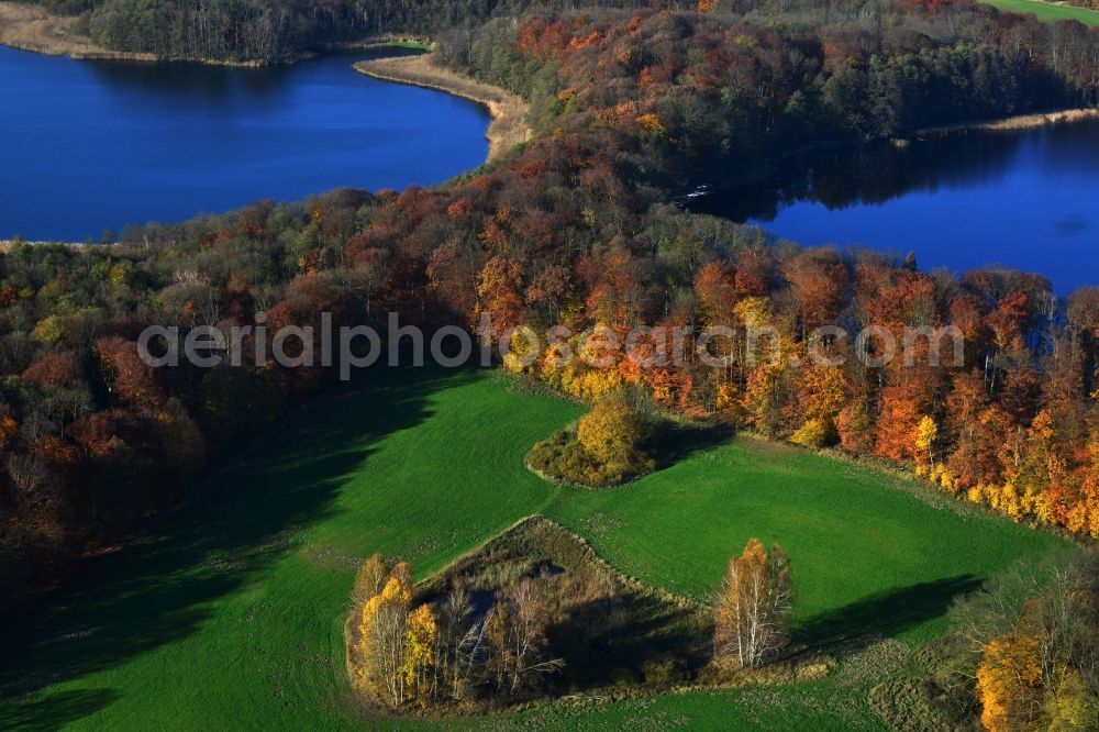 Aerial image Friedrichswalde - Autumn landscape on the banks of the Great and Little Praessnicksee at Friedrichswalde in Brandenburg