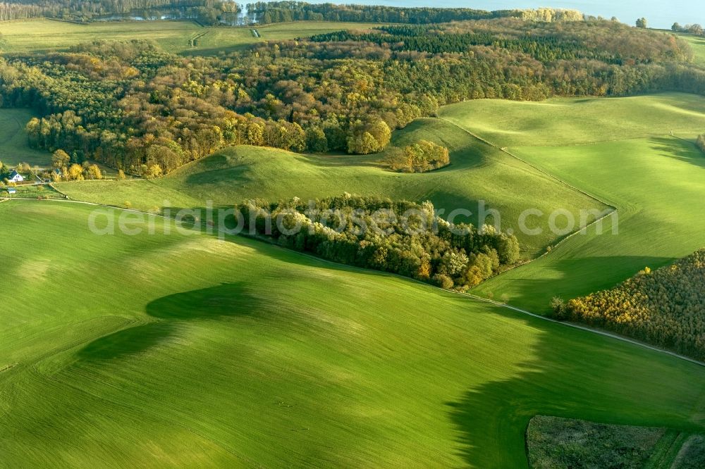Prillwitz from the bird's eye view: Autumn landscape with meadows and fields at Prillwitz in Mecklenburg-Western Pomerania