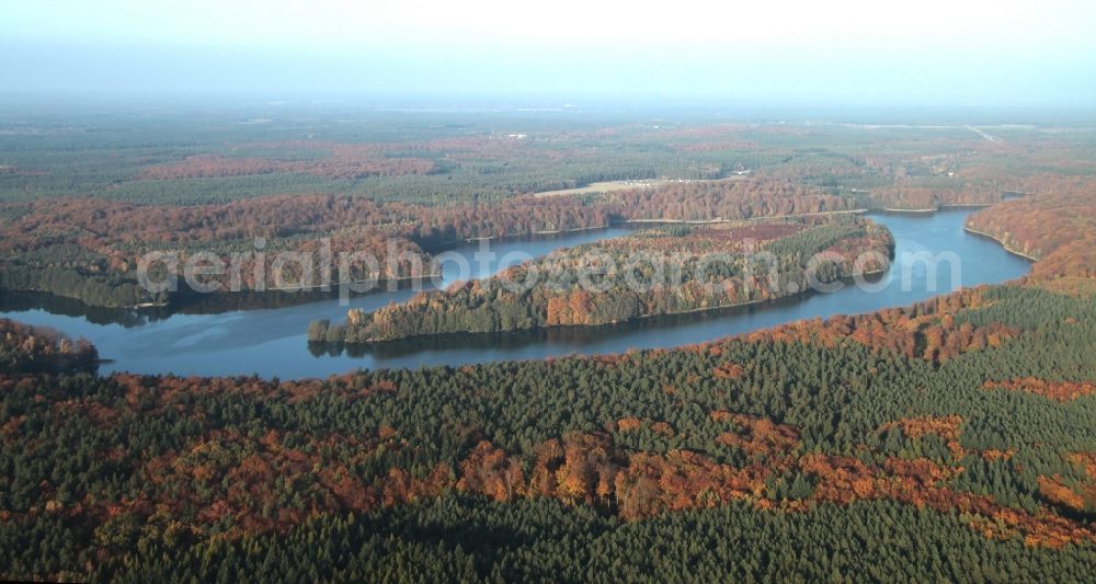 Aerial photograph Lanke - Lake Island on the colorful in the autumn colored forests on Liepnitzsee in Lanke in the state Brandenburg