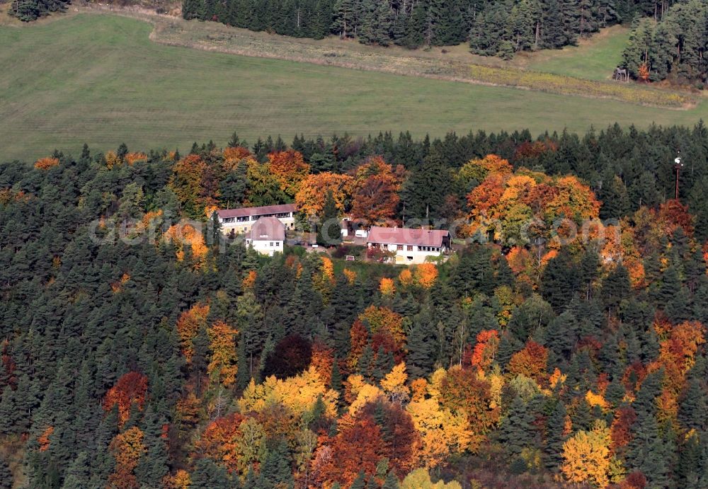 Aerial photograph Meckfeld - Autumn colored trees of the forest to the forest guest house hotel Stiefelburg at Meckfeld in Thuringia