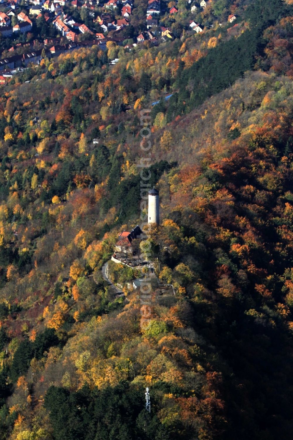 Jena from above - Autumn colored forest to the destination Fuchsturm on the core near Jena in Thuringia