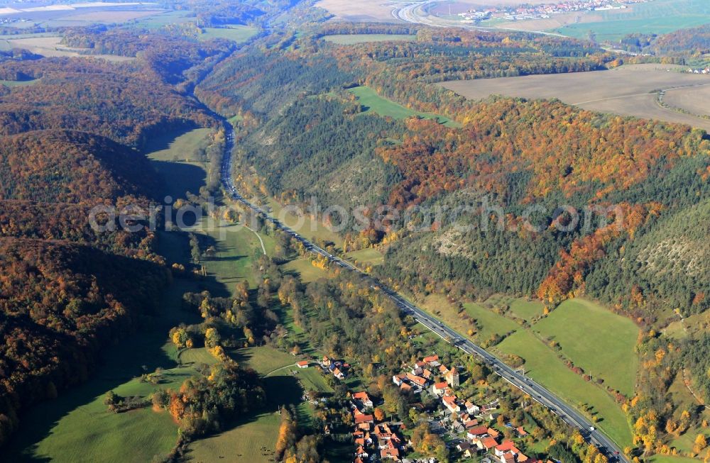 Jena from the bird's eye view: Autumn colored forest at Jena Leutratal to A4 in Thuringia